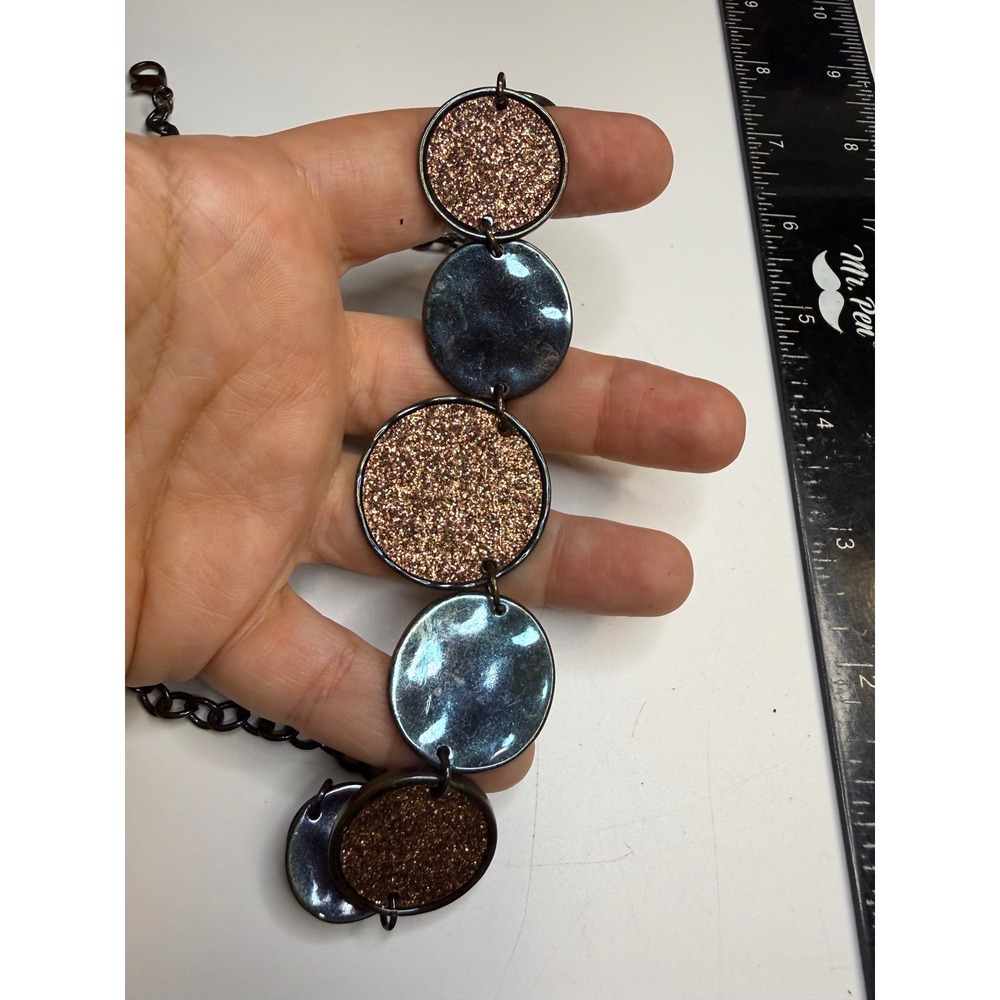 Gunmetal Statement Necklace Iridescent Blue & Rose Gold Glitter Circle Discs